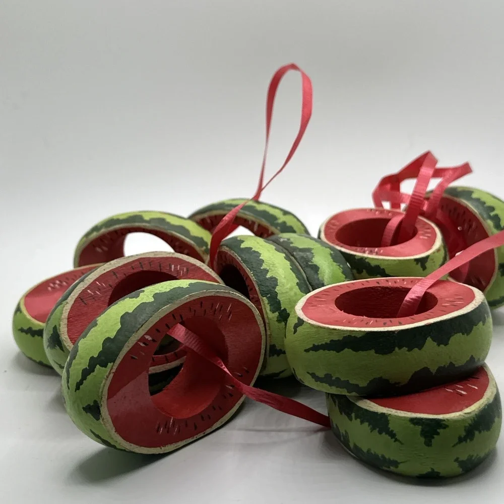 Set of 12 Vintage Watermelon Wooden Napkin Rings Hand Painted Summer Fruit Decor